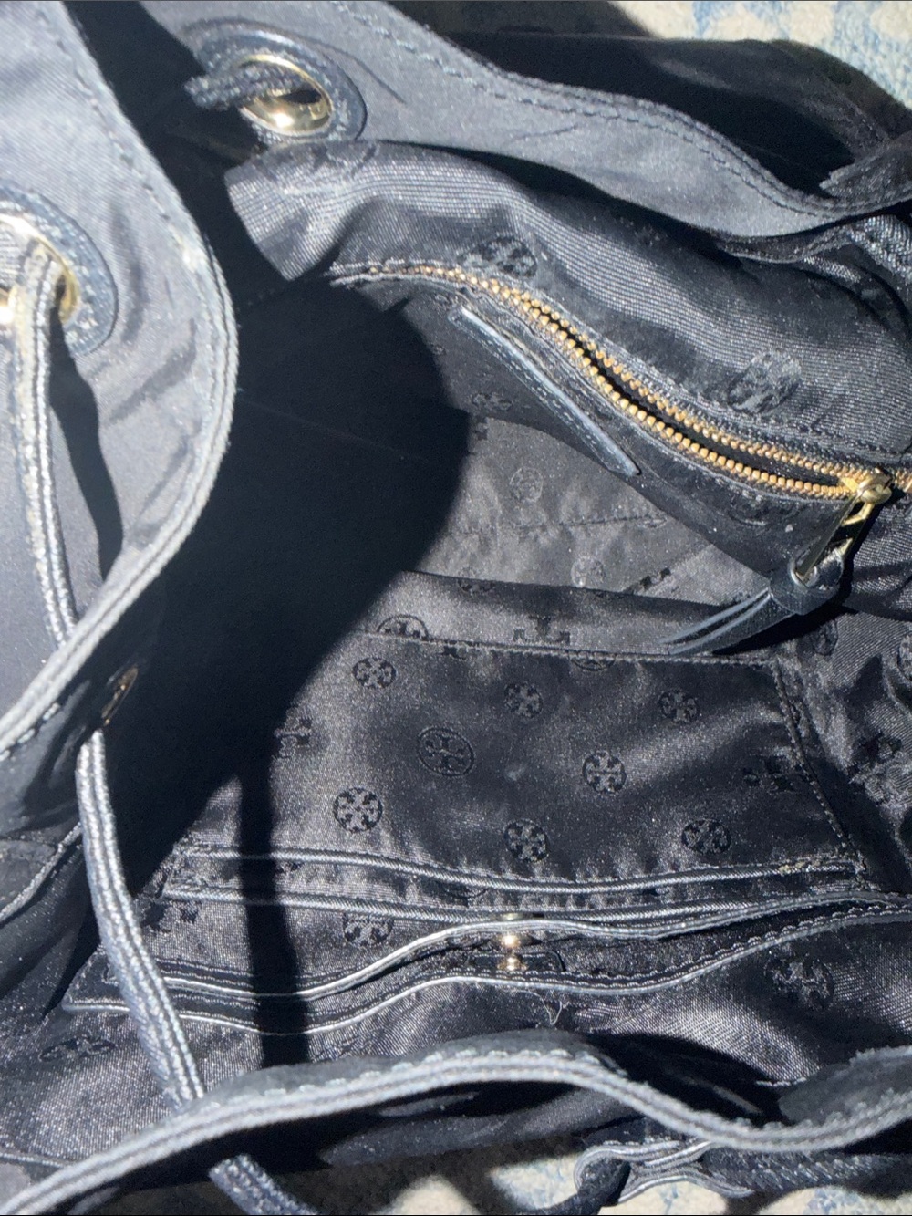 Tory Burch Black Nylon Drawstring Flap Backpack with Gold Logo - Picture 3 of 3